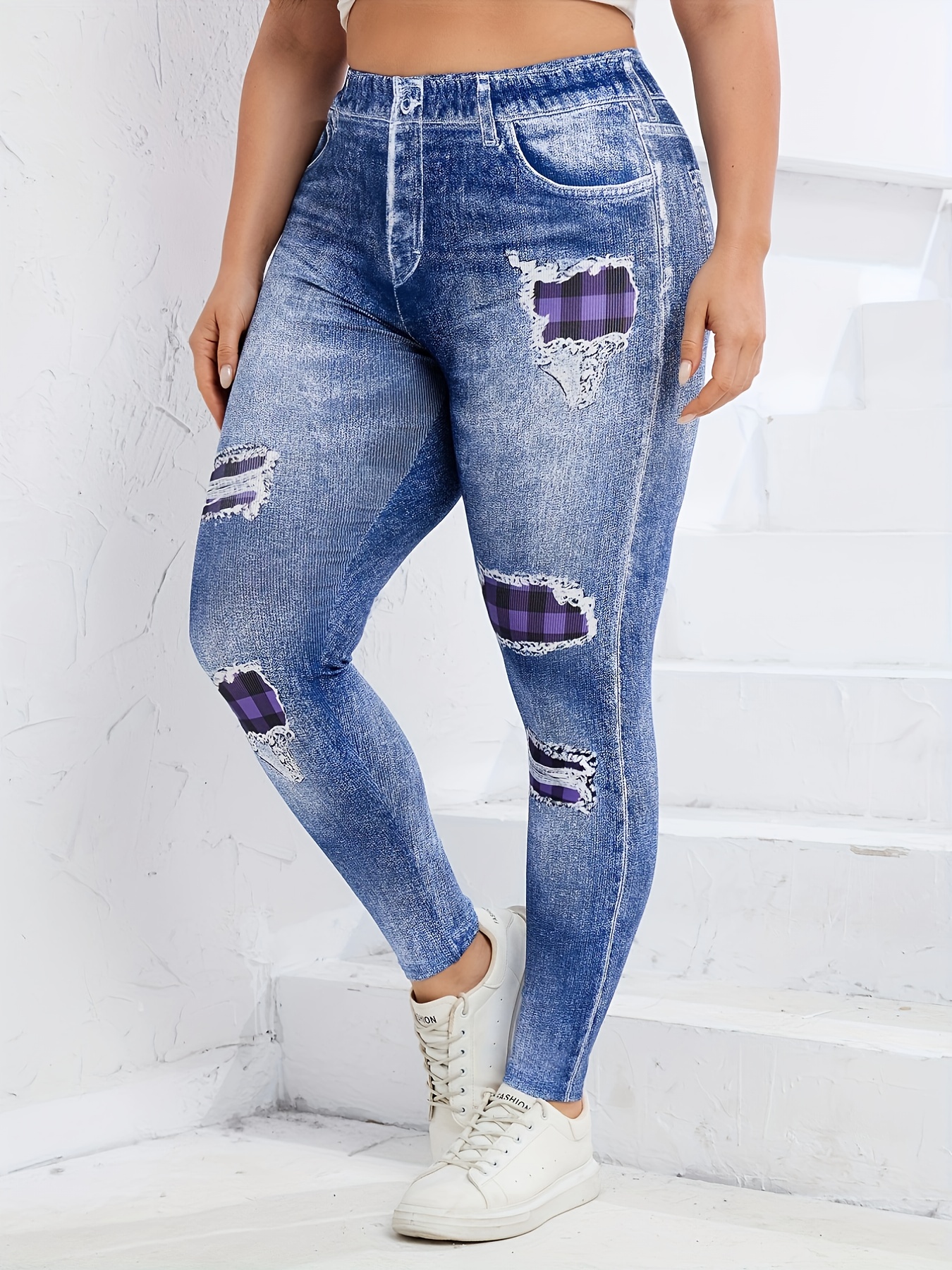 Women's Denim Print Jeans Leggings Sexy High Stretchy - Temu