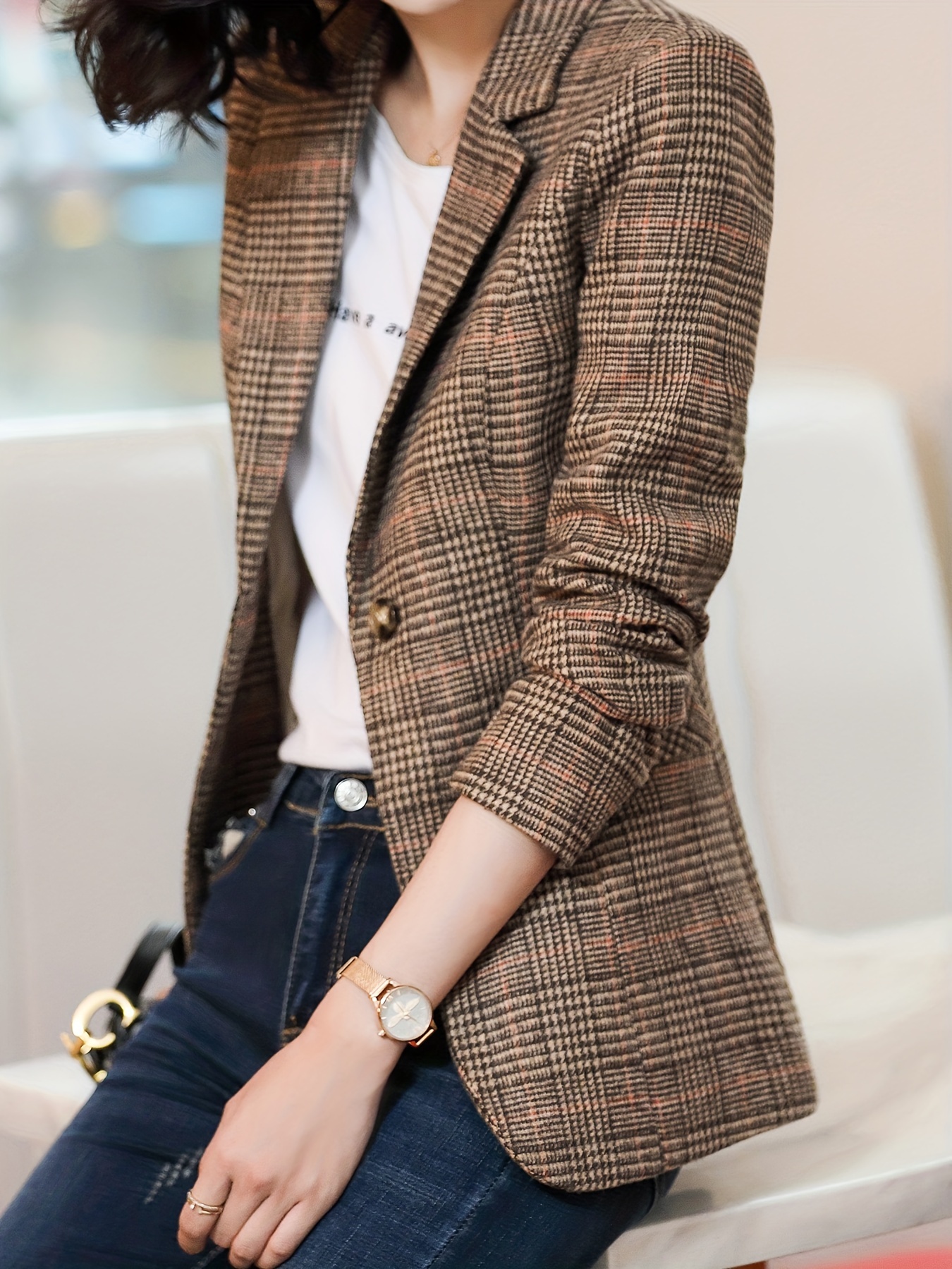 Plaid Print Lapel Blazer Casual One Button Long Sleeve - Temu 