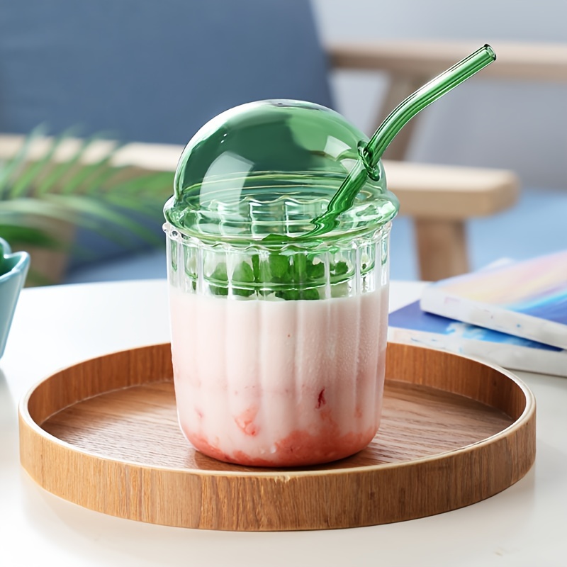 Glass Tumbler With Dome Lid And Straw, Heat Resistant Glass Water