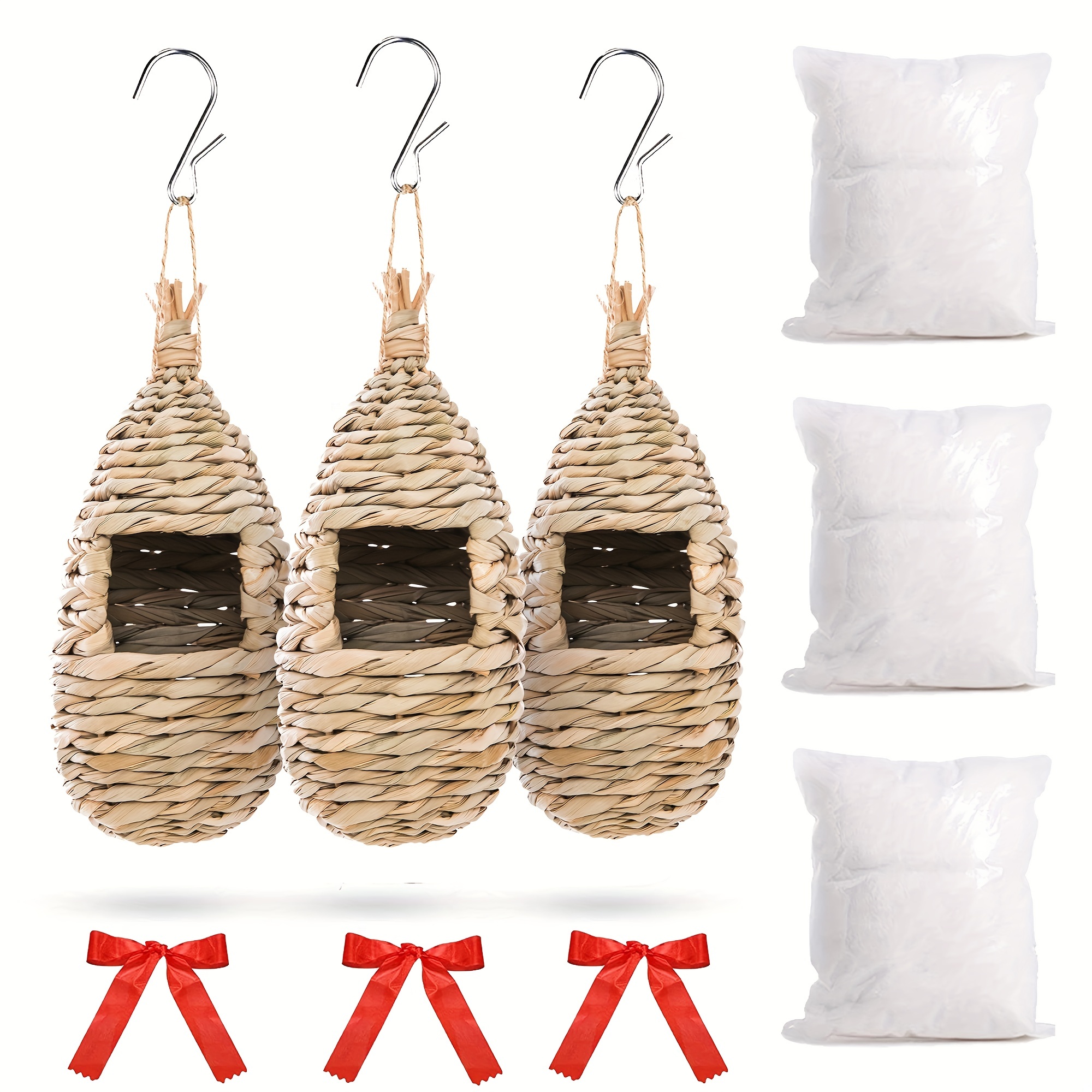 3 Packs Hummingbird House For Outside Hanging, With Decor Red Ribbon & Nesting Cotton, Birdhouse Kit, Backyard Birding & Wildlife Supplies