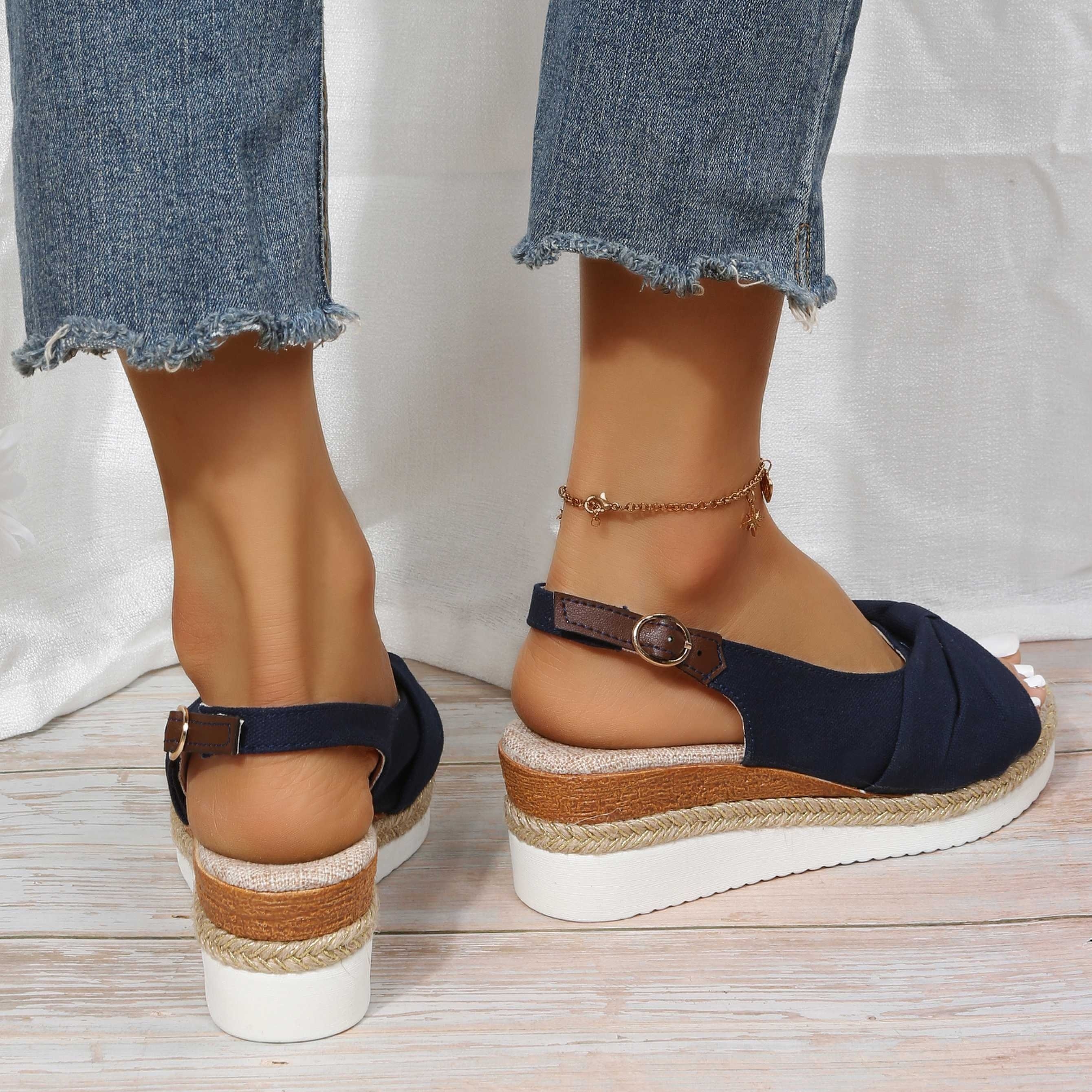 Women's Bowknot Wedge Sandals Peep Toe Buckle Strap - Temu