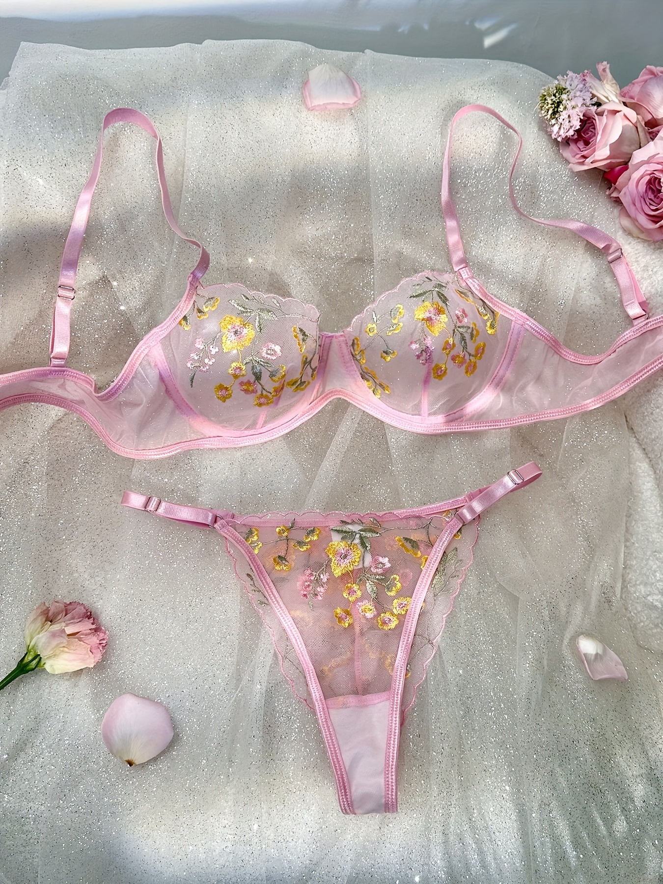 Floral Embroidery Lingerie Set, Sheer Unlined Bra & Mesh Thong, Women's *  Lingerie & Underwear
