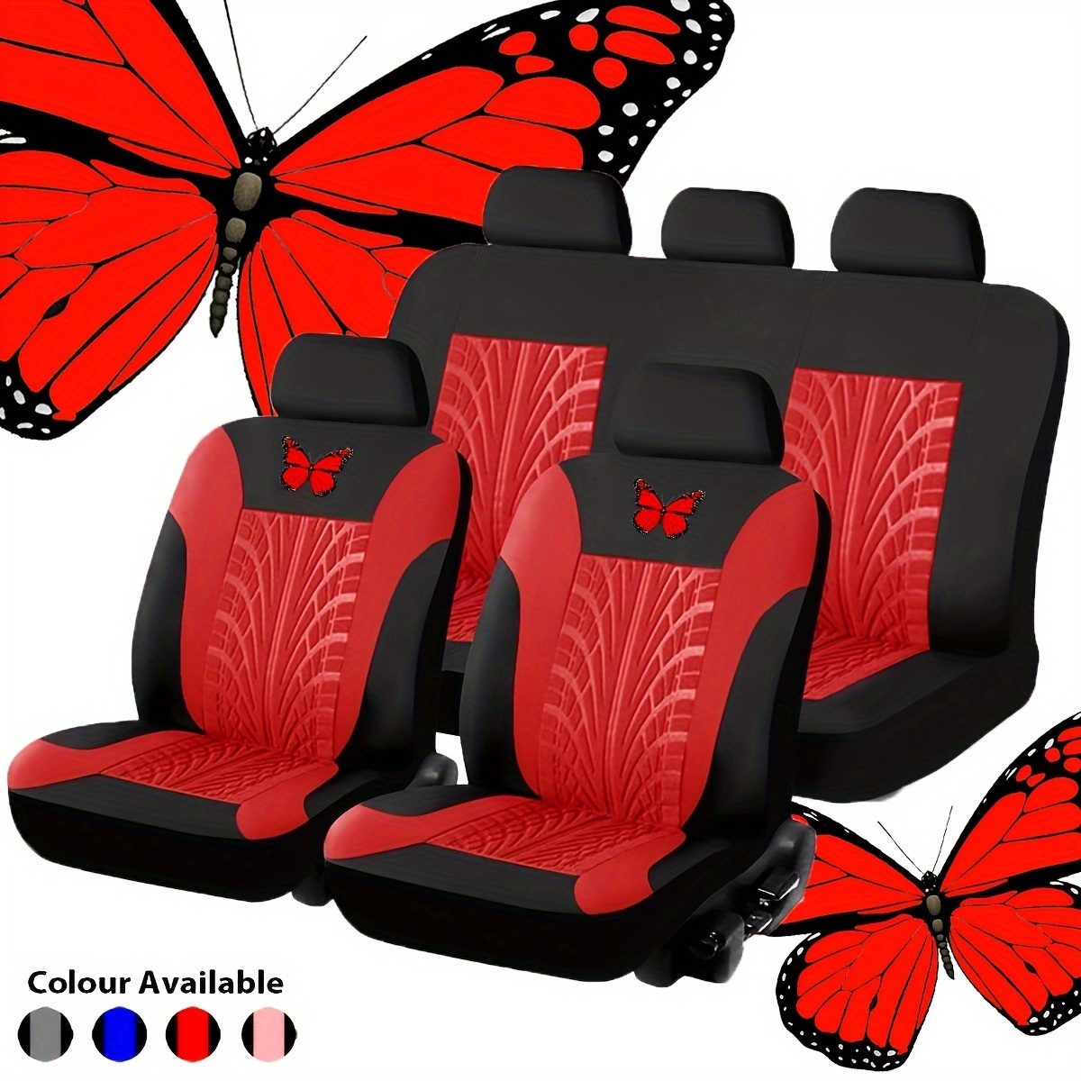 Autositzbezug Komplettset, Rotes Universal-Schmetterlingsmuster-Stickerei- Autositzbezug-Set
