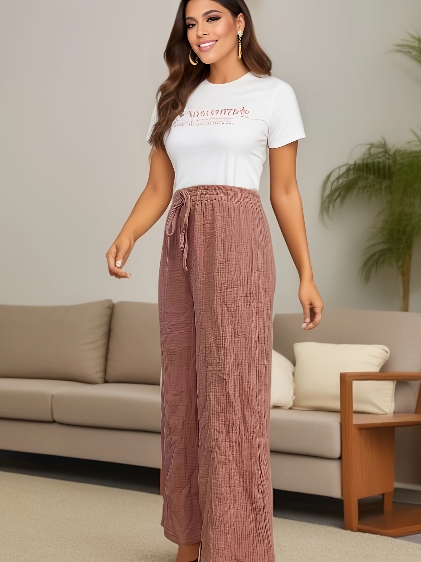 Solid Wide Leg Pants, Casual Tied Elastic Waist Comfy Pants For Spring &  Fall, Women's Clothing
