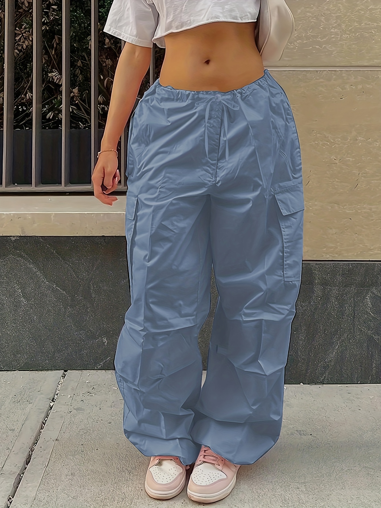 Drawstring Fitted Bottom Cargo Pants Y2k Street Solid Flap - Temu