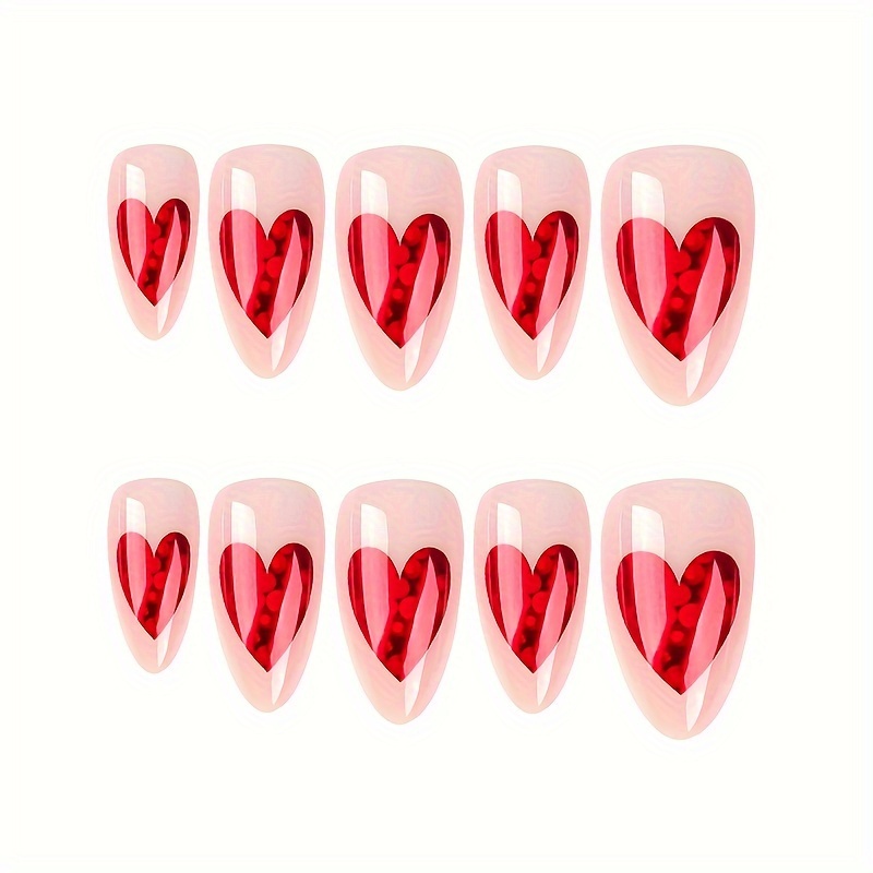 24 valentines day long almond shape pinkish false nails love pattern full cover fake nail kit for women girls 1 nail file and 1sheet adhesive tabs included details 4