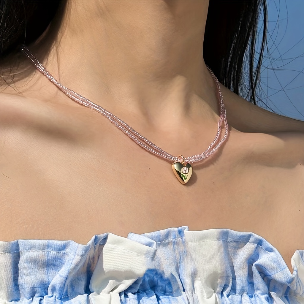 Silver Layered Heart & Beads Pendant Necklace