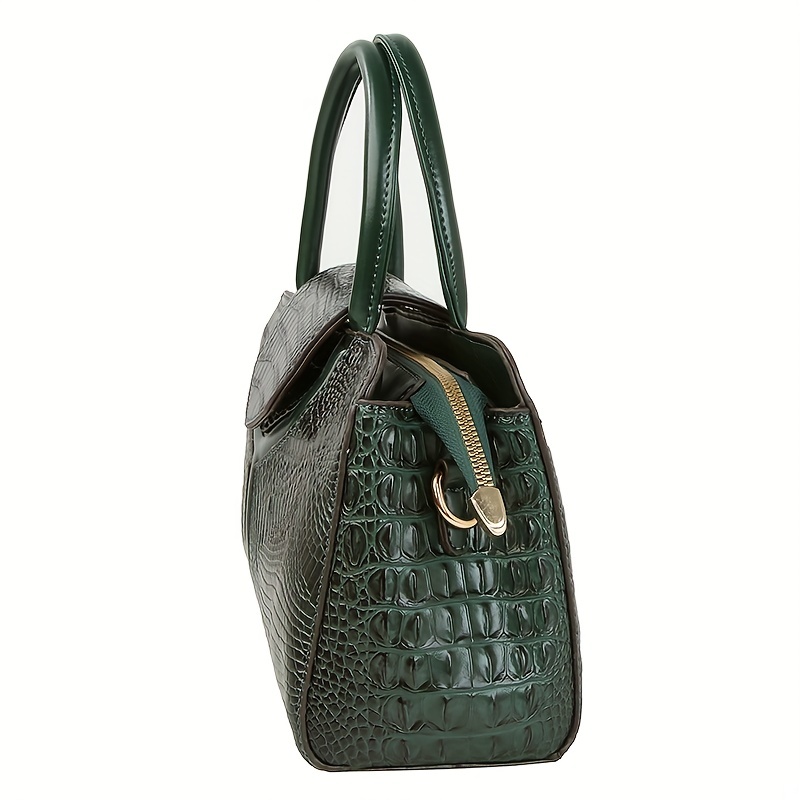 Olive Green Crocodile Pattern Genuine Leather Convertible Bag with Detachable Shoulder Strap, Leather Handbag, Crossbody Bag, Purse, Leather Bag for