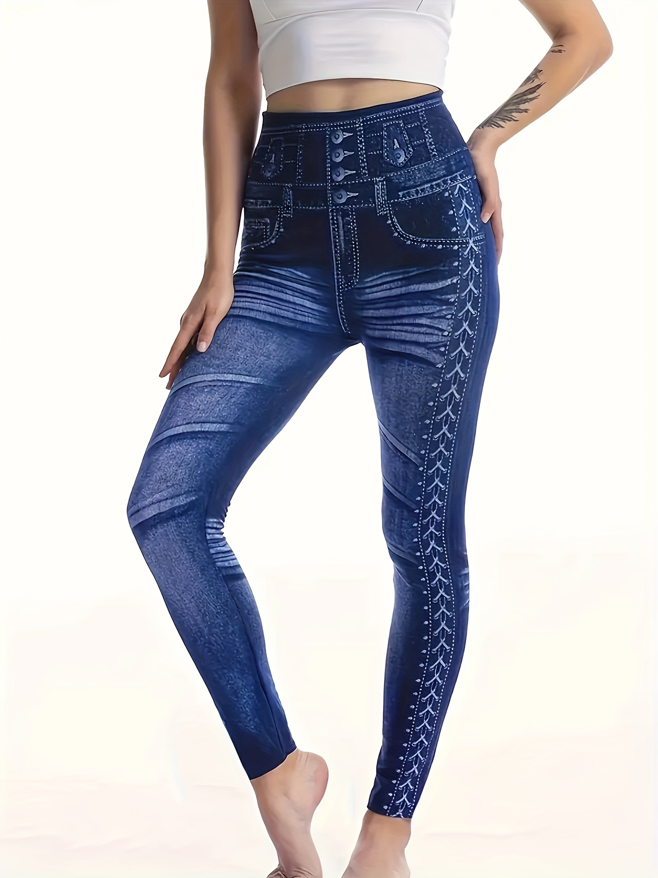 Women's Denim Print Fake Jeans Look Like Leggings Sexy Stretchy High Waist  Slim Skinny Jeggings Crazy (Dark Blue, S) at  Women's Clothing store