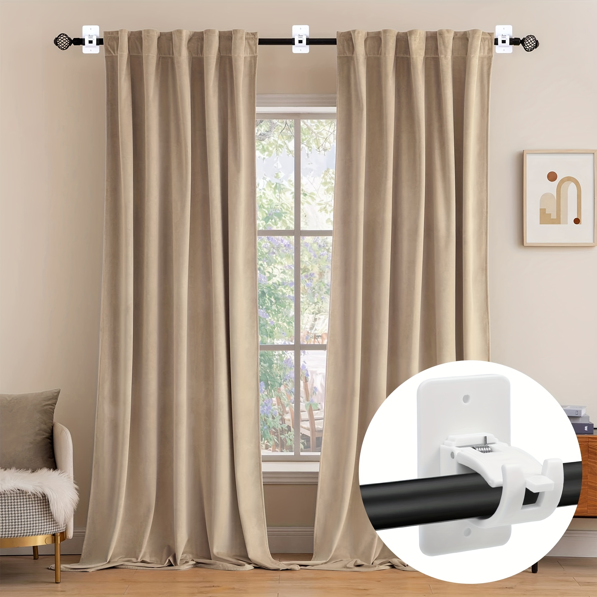 2 soportes de barra de cortina mejorados sin taladro, soportes de barra de  cortina sin perforación, ganchos de barra de cortina autoadhesivos, colgado