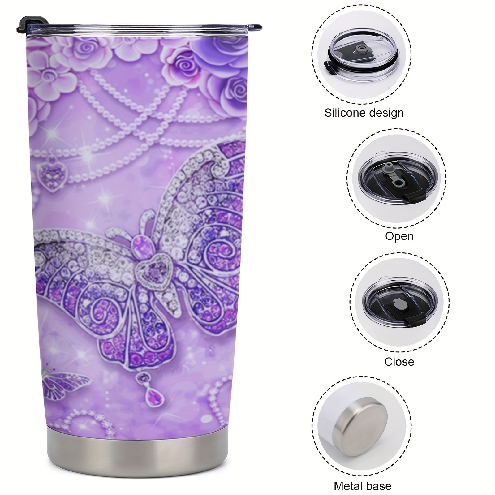 Purple Butterfly Tumbler Cup With Lid Stainless Steel Double - Temu