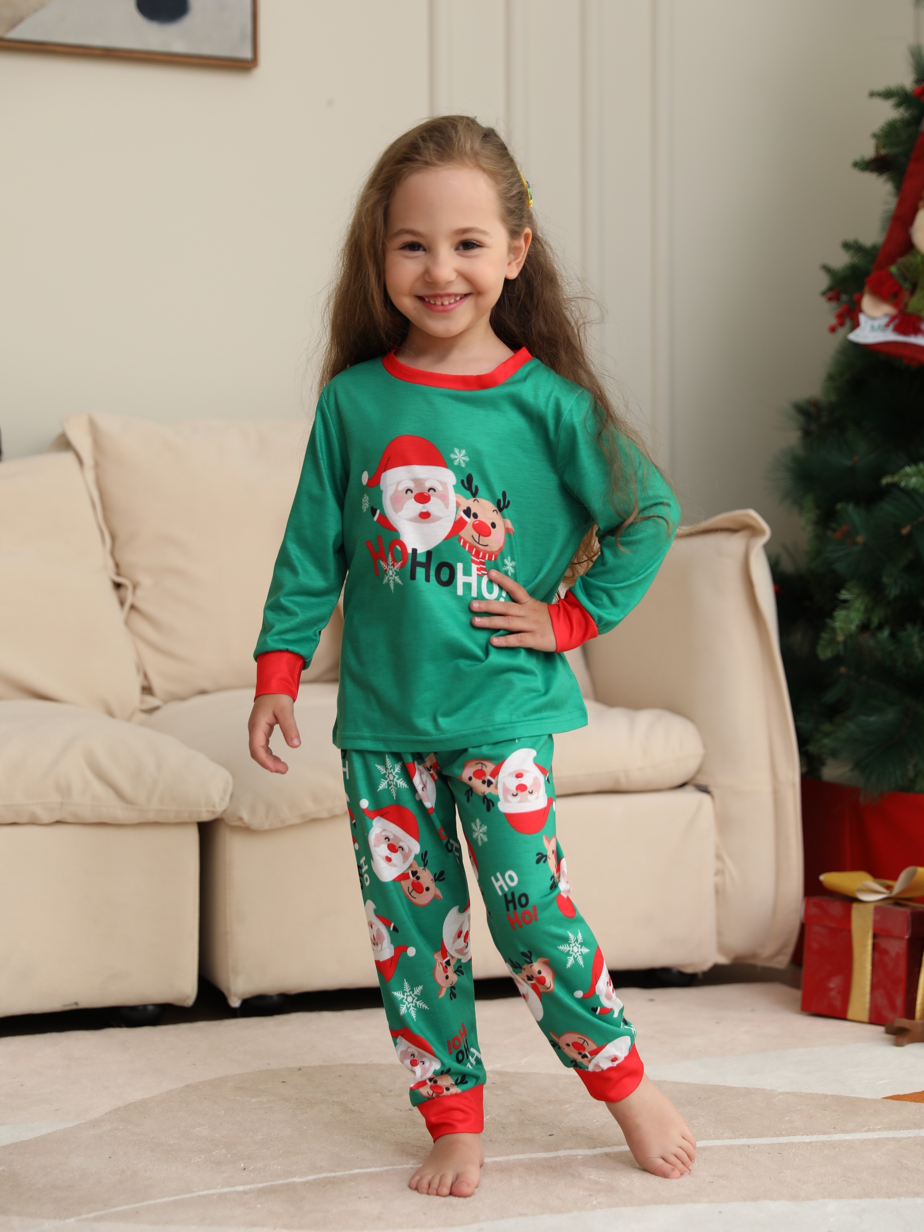 2pcs Kid's Santa Pattern Pajamas, Long Sleeve Top & Striped Pants Set,  Christmas Style Comfy PJ Set, Toddler Girl's Loungewear