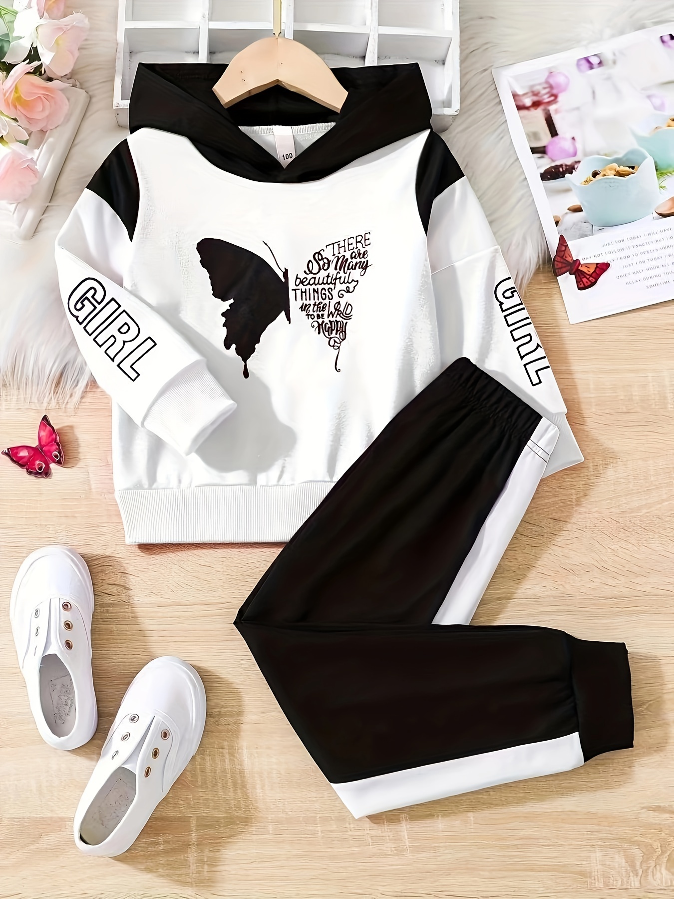 Girl's Butterfly Print 2pcs, Hoodie & Sweatpants Set, Color Clash Casual  Outfits, Kids Clothes For Spring Fall