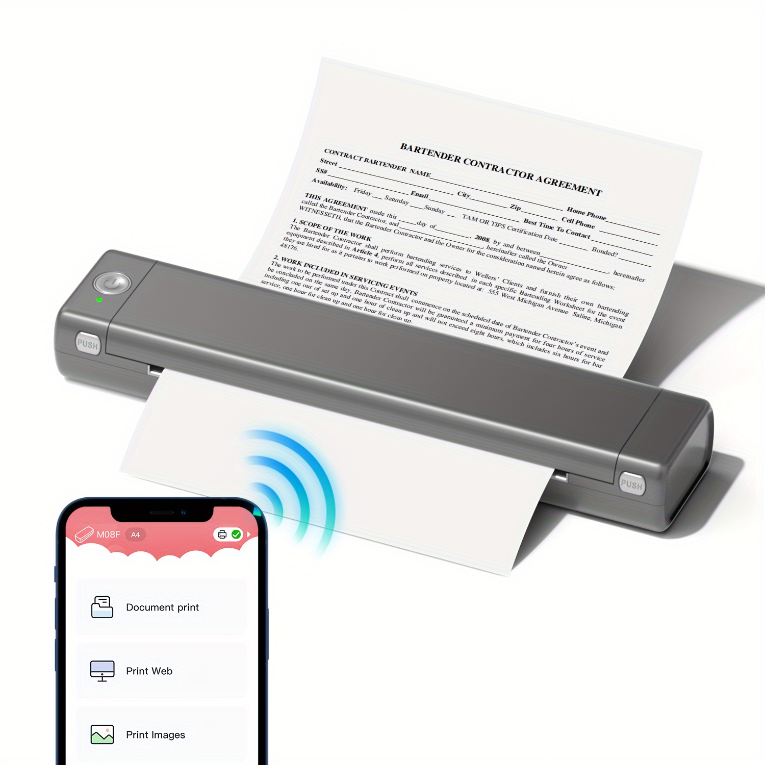 Portable Wireless Printer Small Bluetooth A4 Mobile Printer for