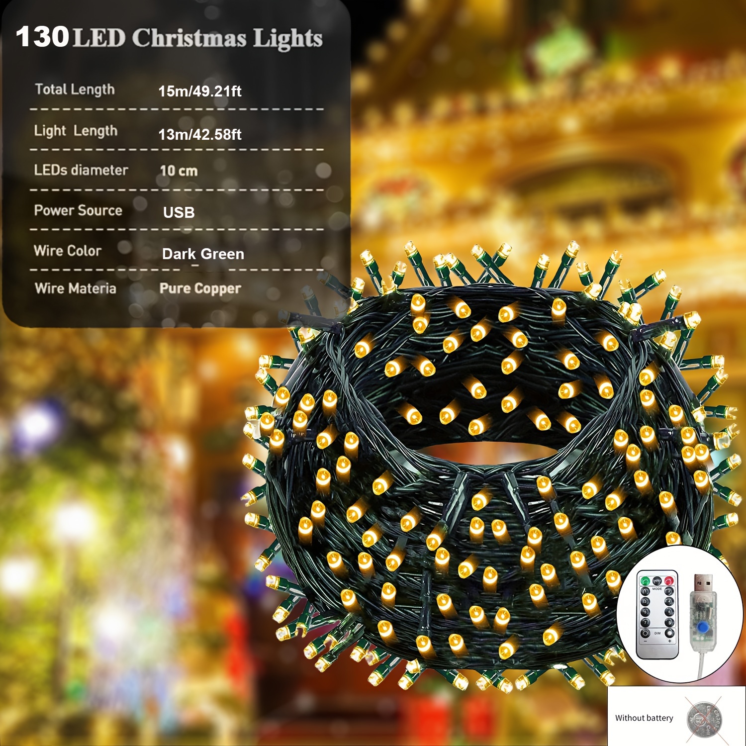 Christmas Lights, 10 ft 120 Flashing LED Christmas Tree Light, 10 Christmas Ornaments, 8 Modes Remote Control,Snowflake Line USB Powered for Bedroom