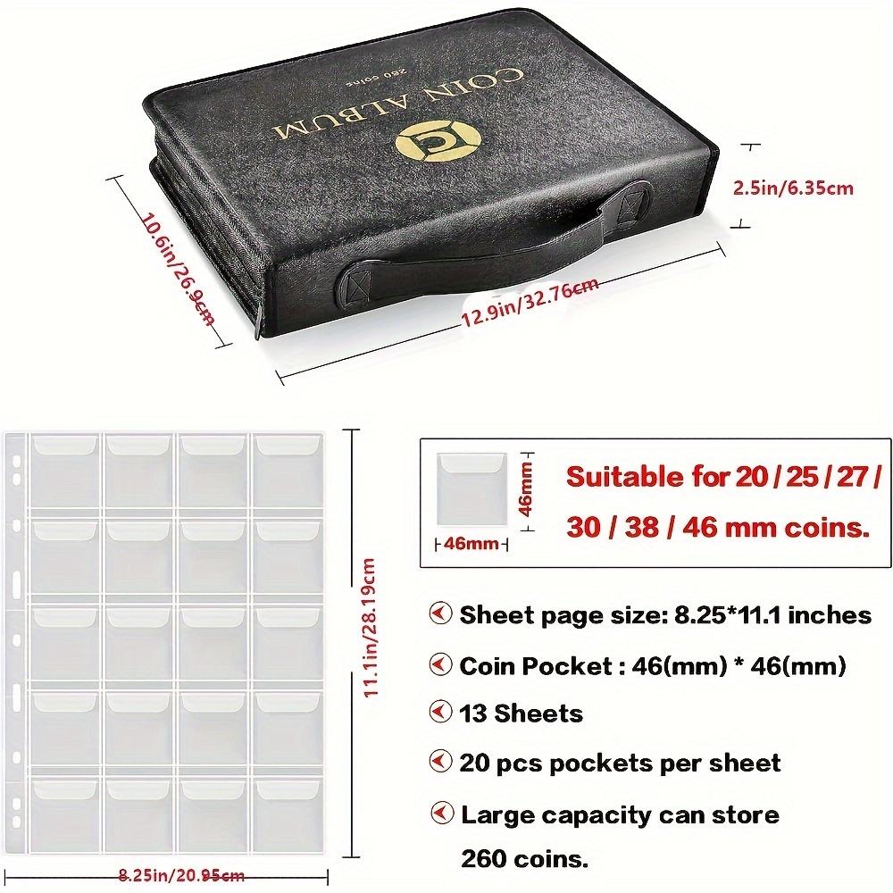 Coin Collection Book Holder for Collectors, 260 Pockets Coins Collecting  Album with Zipper and Handle. Coin Display Storage Case