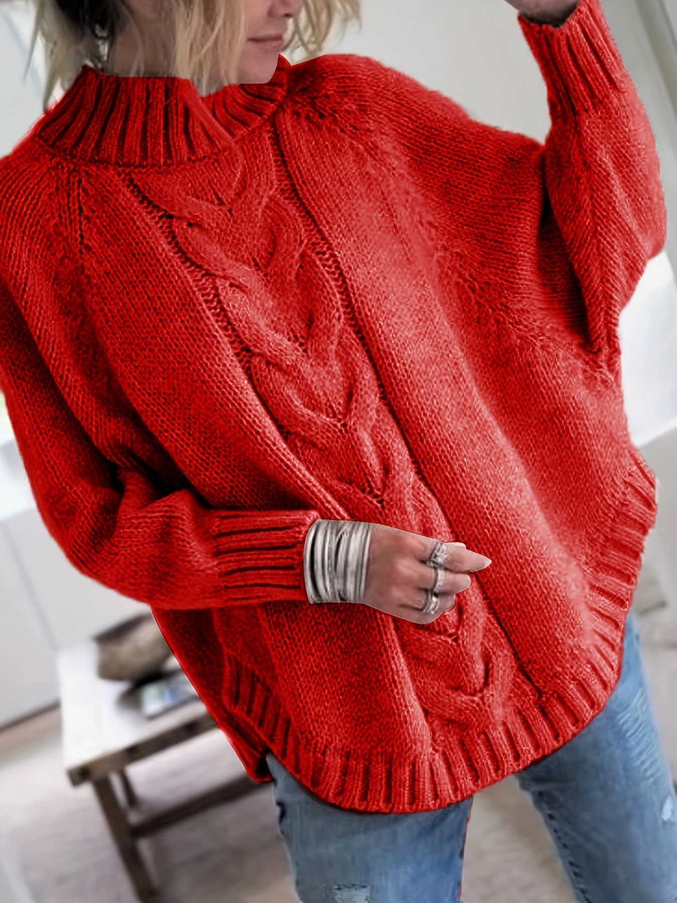 Big And Tall Red Sweater, women's Oversized Mock Neck Pullover