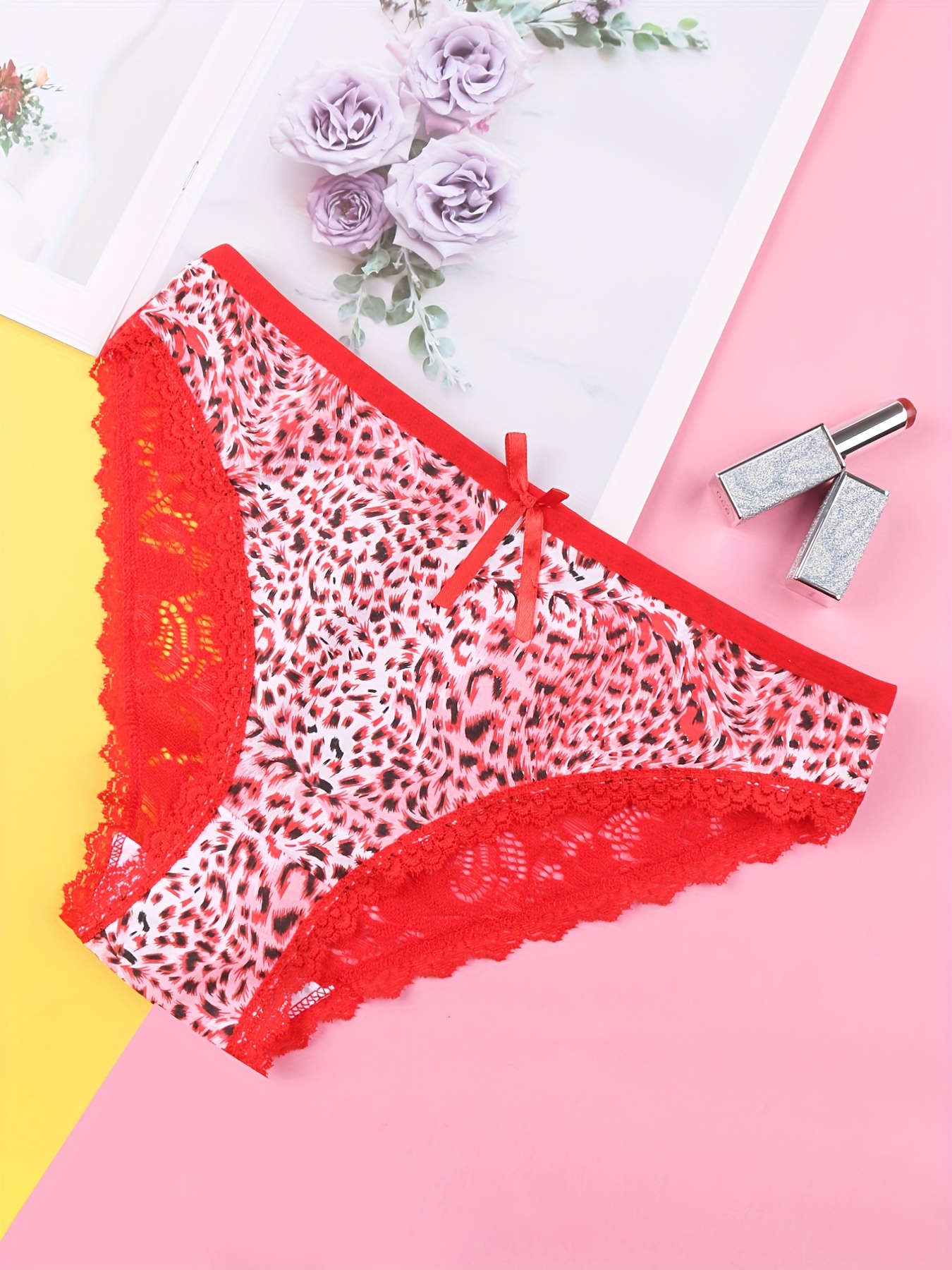 Leopard Print Sexy Briefs Lace Edge Underwear Soft Women's Pink Cute Panties