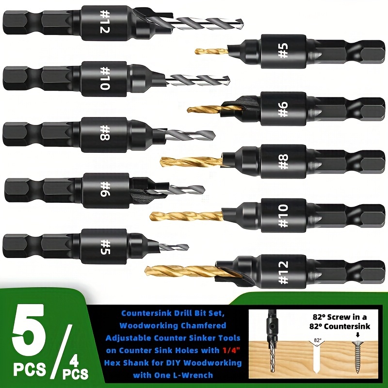 

4/5pcs Woodworking Countersink Drill Bit Set, With 1/4" Hex Shank For Diy Woodworking With 1 L-wrench #5 #6 #8 #10 #12