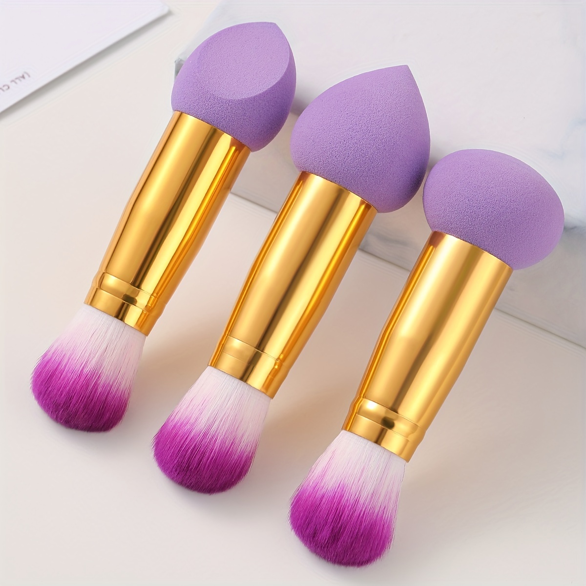 

3pcs Foundation Blending Face Brushes With 2 Heads Professional Soft Makeup Sponge Fluffy Blusher Brush For Women Beauty, Purple