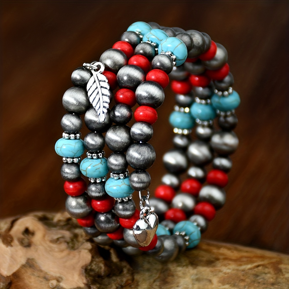 Western Style Vintage Navajo Pearl Red Blue Turquoise Beads Triple Layer Bangle Charms Bracelet for Women,Temu