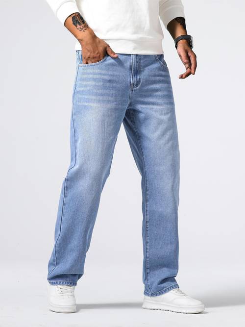 Мужские классические джинсы свободного покроя с потертостями, повседневные джинсовые брюки в уличном стиле для четырех сезонов