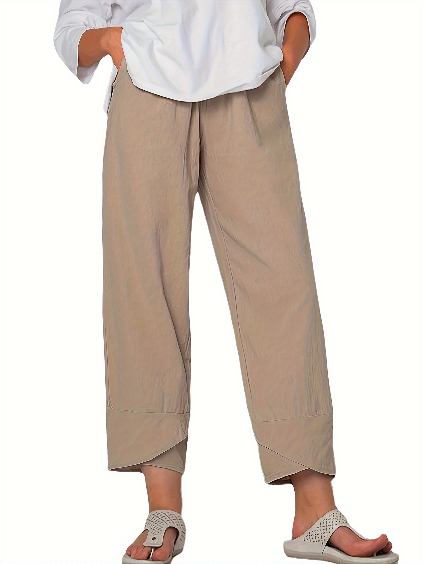 QLEICOM Womens Slacks Women's Relaxed Fit Straight Leg Pants Fashion Summer  Loose Cotton And Linen Pocket Solid Trousers Pants Work Cargo Casual Pants