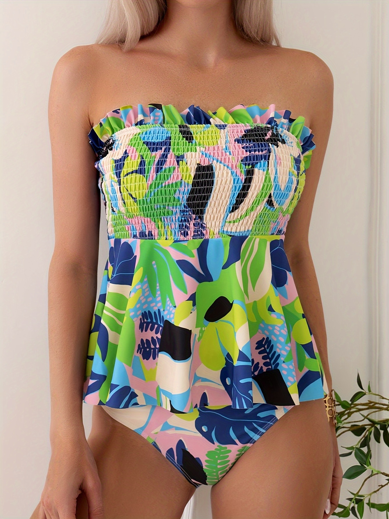 Plant Print Shirred Bandeau Tankini Ruffle High Stretch - Temu Germany