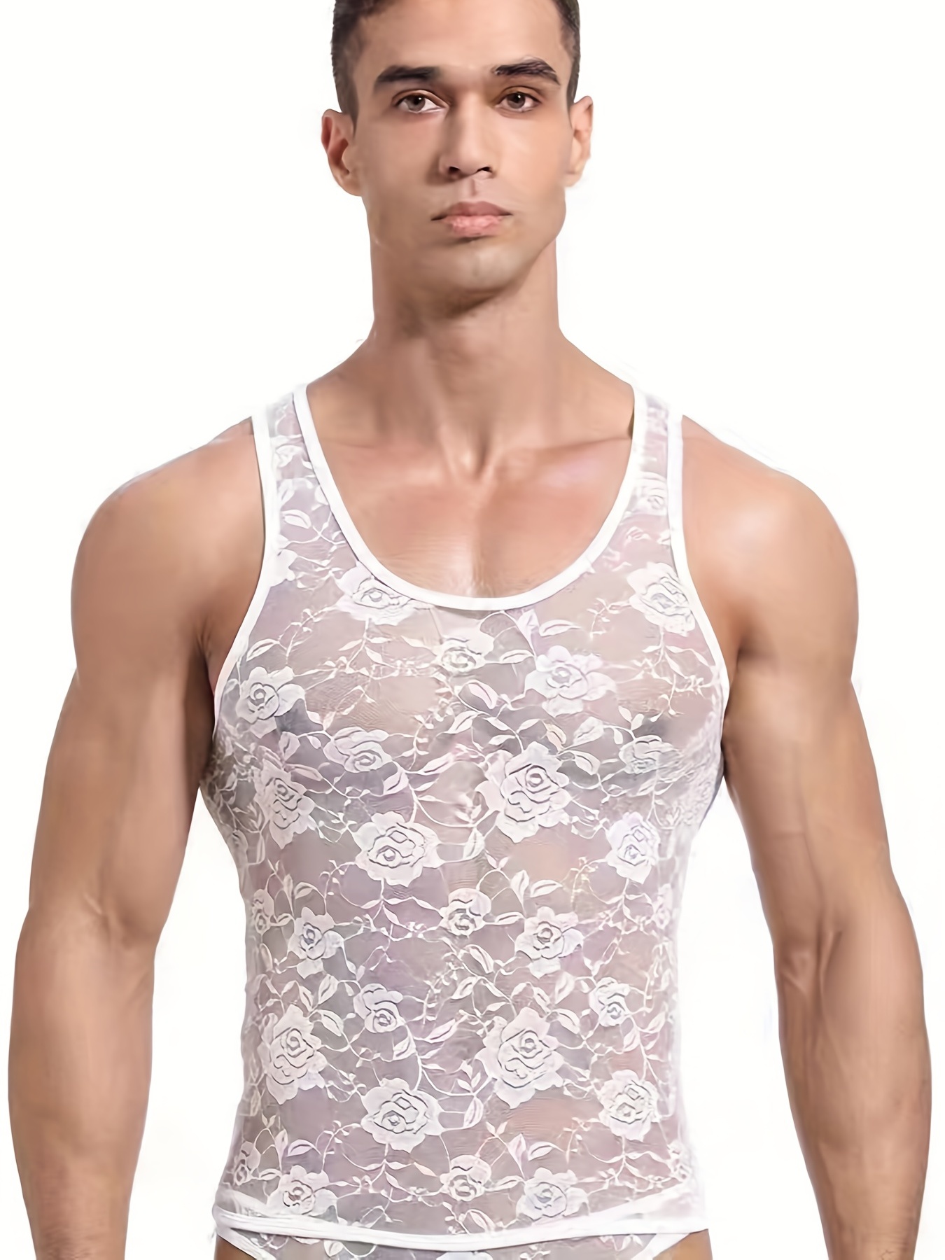 Hommes Sexy Mesh Voir Travers Motif Floral Gilet Serr Temu