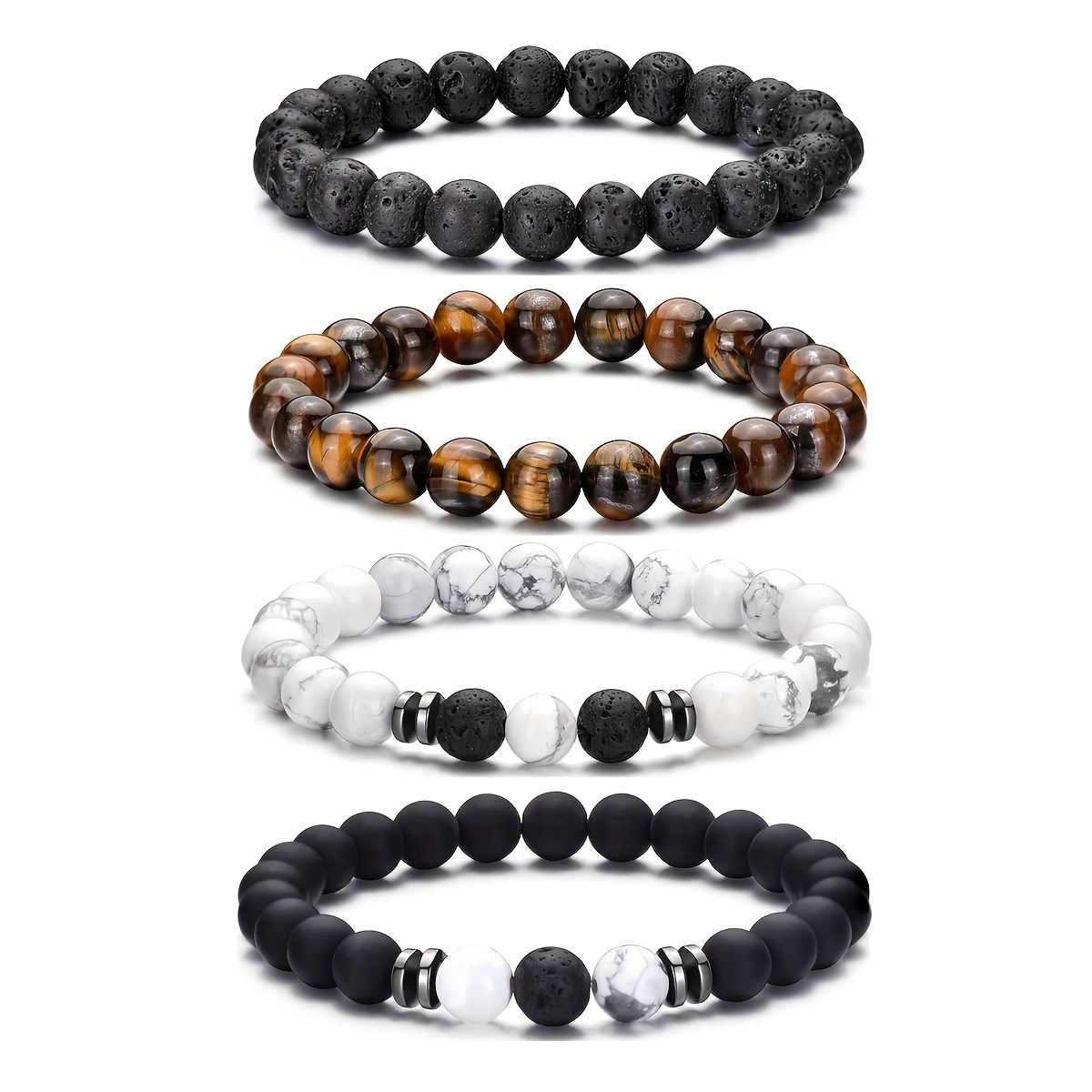 

4pcs 8mm Natural Stone Beads Bracelet Set For Men, Fashion Tiger Eye & White Agate, No Pendant, Holiday Gift Jewelry