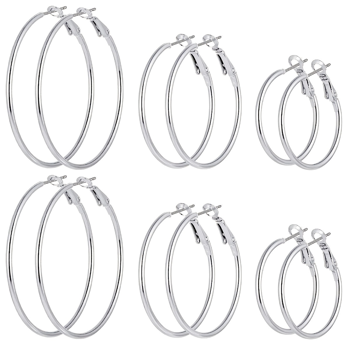 

6pcs/pack 20/30/40mm Silver Color Glossy Iron Hoop Earrings, Minimalist Versatile Jewelry Accessory For Men Women