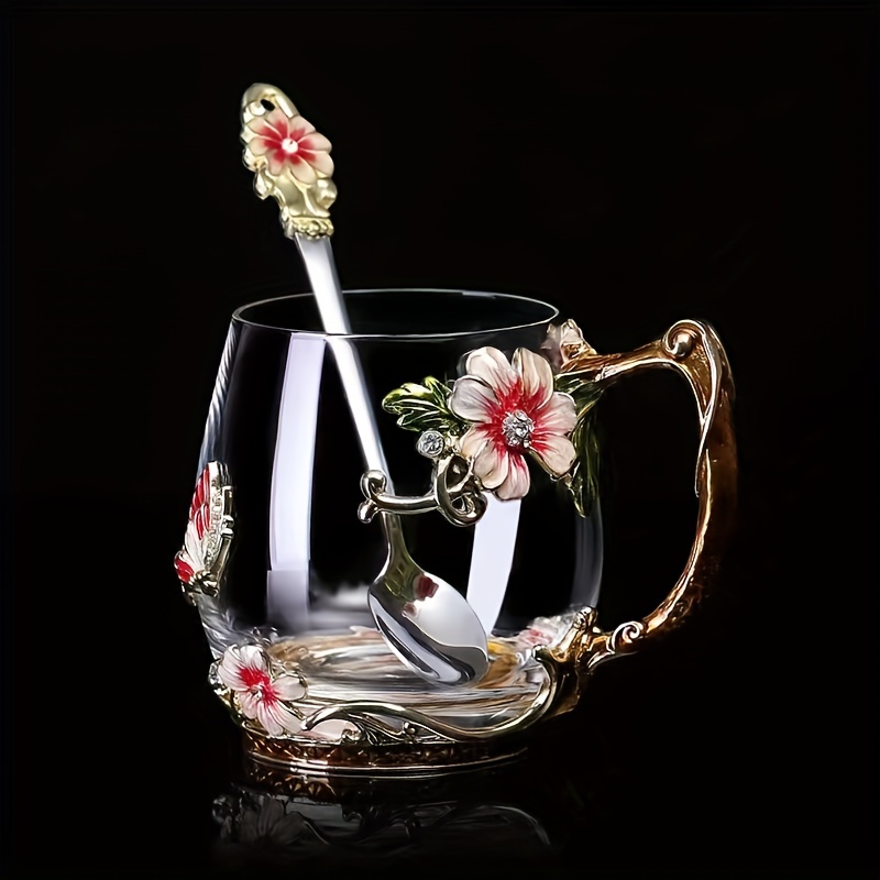 1 pza Taza de té de cristal esmaltada rosa, taza de café, jarros para agua  con rosas y mariposas pintadas, vasos de agua con flores, juego de vidrio  transparente con cuchara - Temu
