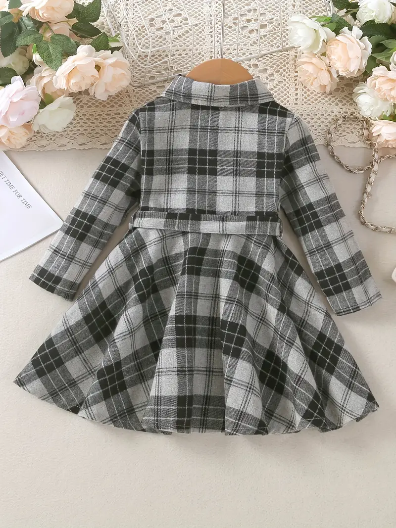 girls classic plaid dress with bowknot belt collar long sleeves dress for spring autumn details 7