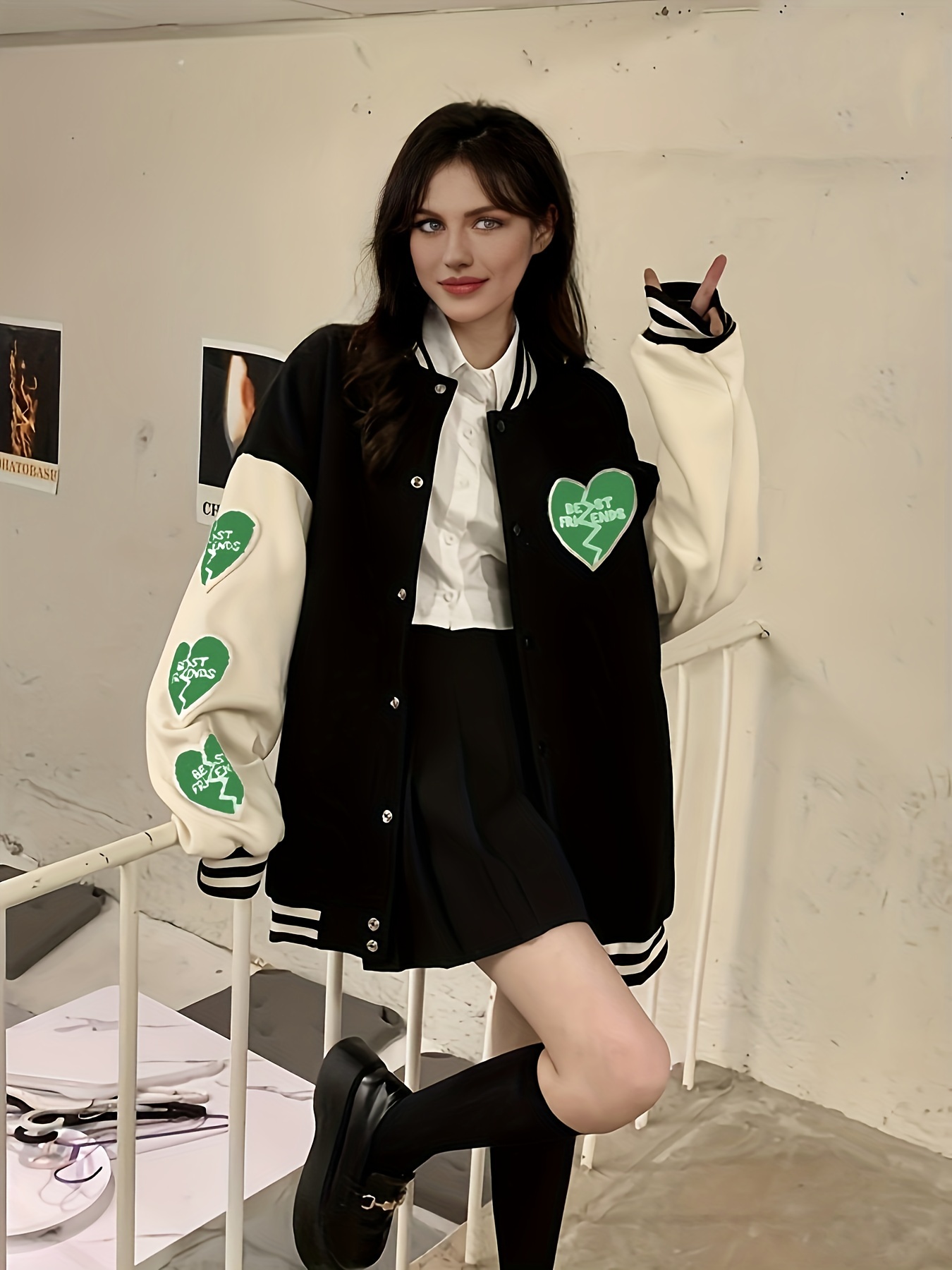 Green Stripe Trim Cropped Varsity Bomber Jacket