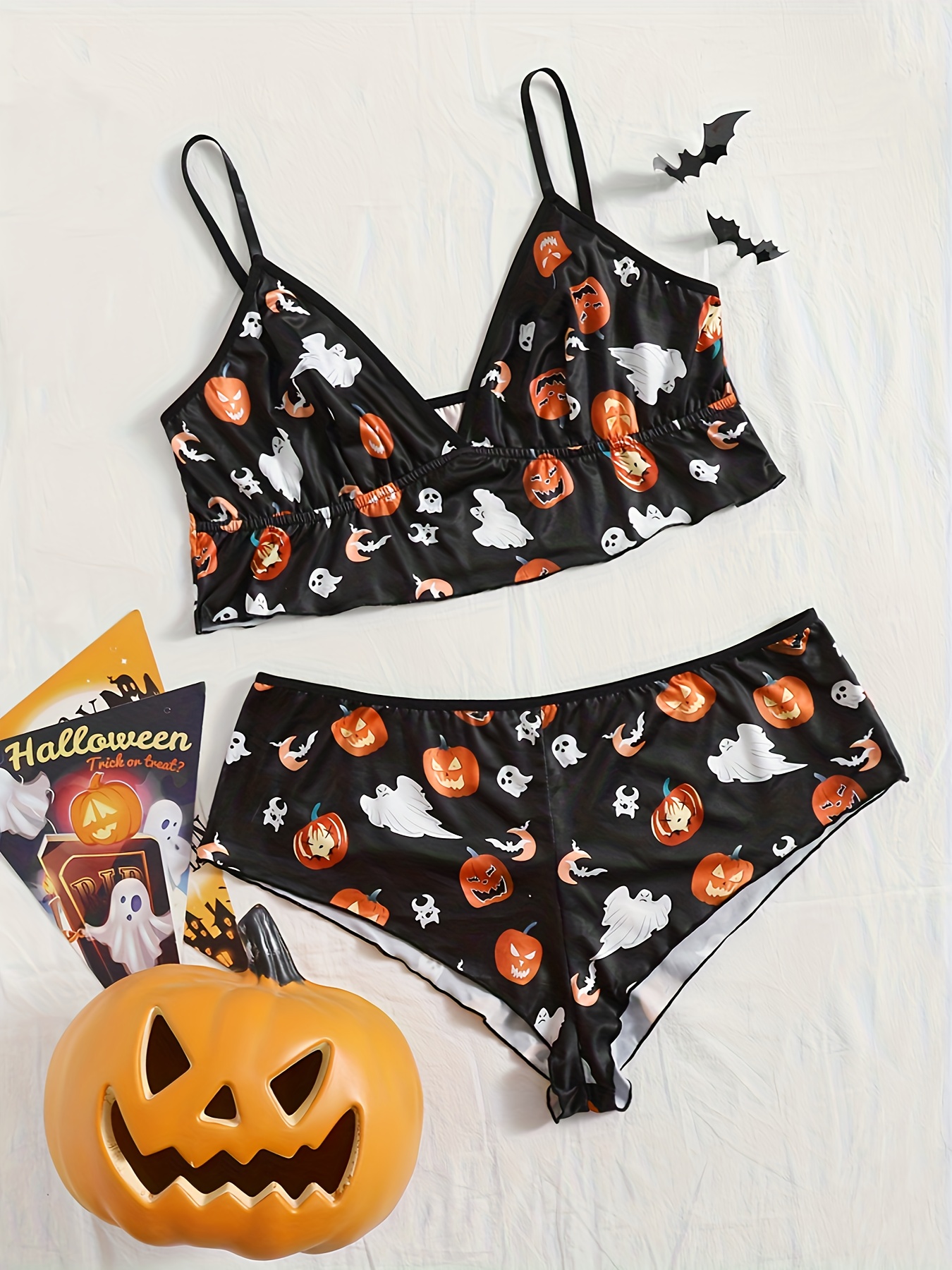 Plus Size Halloween Party Lingerie Set, Women's Plus Ghost & Pumpkin Print  Ruffle Trim Bra & Panty Gothic Lingerie Two Piece Set