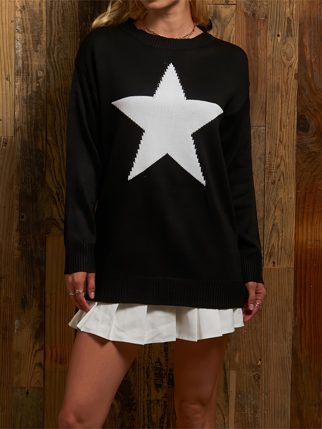 Star Pattern Crew Neck Pullover Sweater, Casual Long Sleeve Knit Sweater,  Women's Clothing