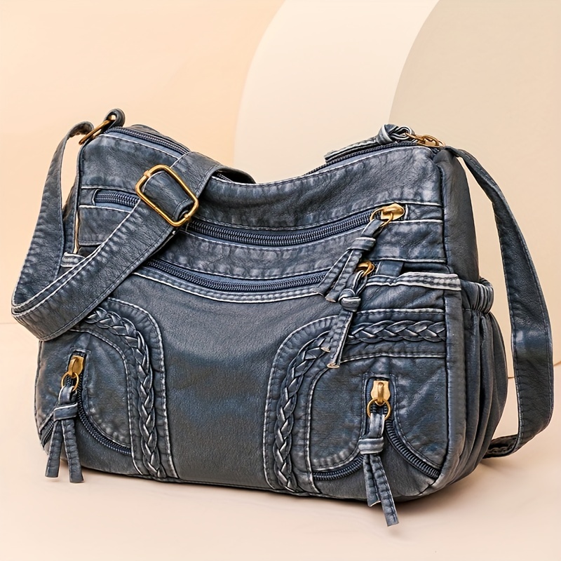 

Sac Bandoulière en Cuir Synthétique à Détails Tressés pour Femme - Grande , , Fermeture Éclair, Bandoulière Ajustable, Cuir Végan en Marron Foncé/Bleu/Jaune/Noir, Sac à Main en Cuir