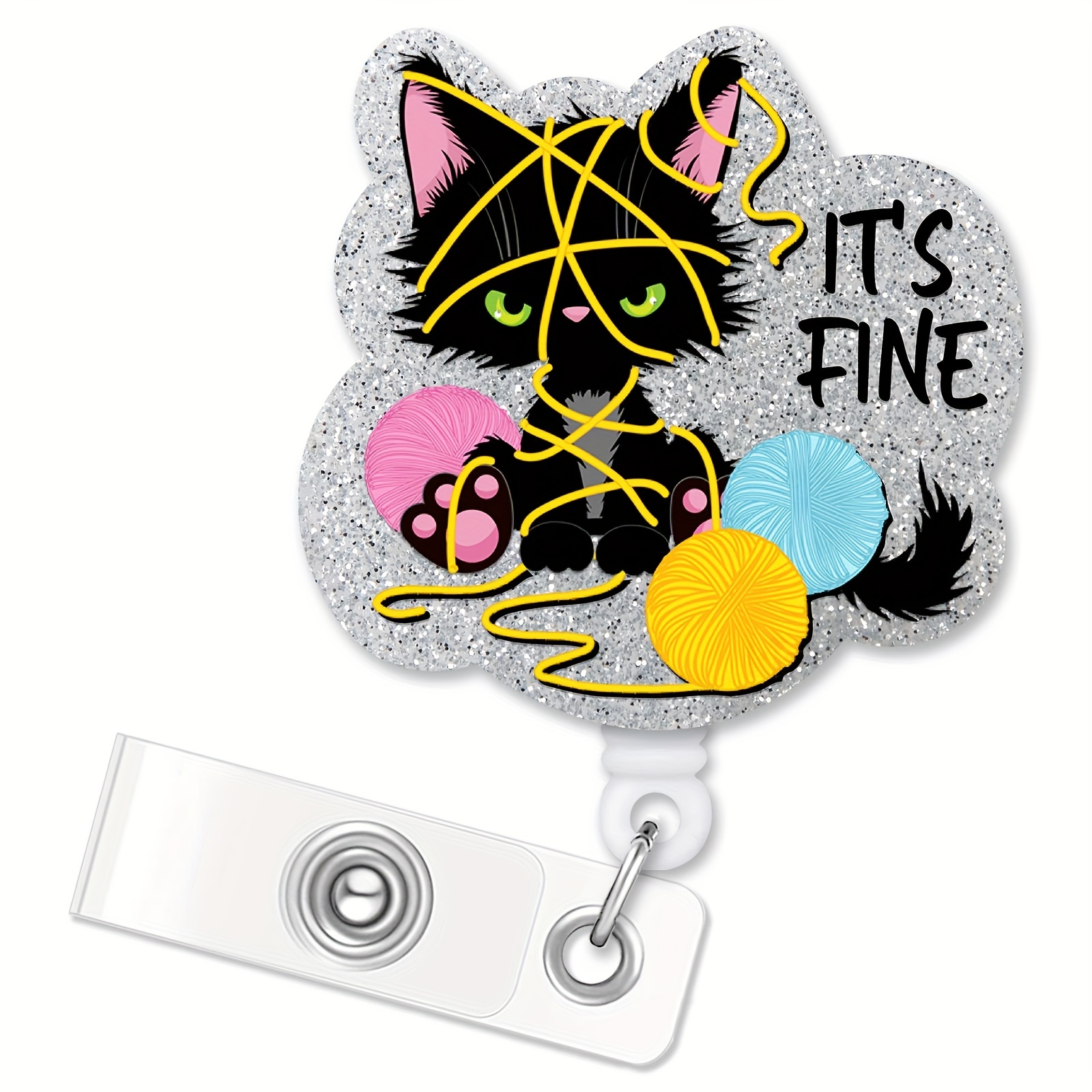 ERHACHAIJIA It's Fine Retractable Silvery Glitter Badge Reel With Clip, Funny Black Cat ID Card Badge Holder Gift For Nurses Doctors Office Worker