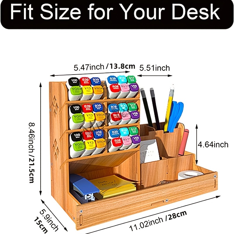 Organisateur de Bureau en bois,Pot a Crayon bureau avec tiroir,Rangement  Bureau Organisateur multifonctionnel,Pour les bureau maison école.  (B17-Marron)