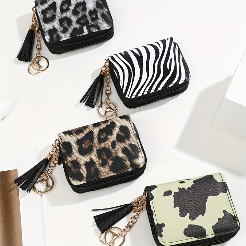 Double Zipper Layer Short Wallet, Animal Skin Pattern Coin Purse, Classic Credit  Card Holder With Tassel Decor - Temu