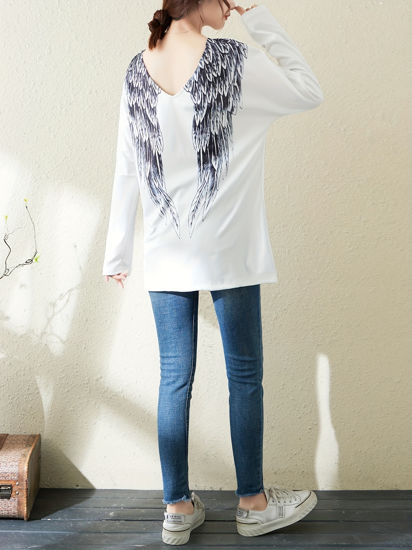 Wing Print Backless Crew Neck T-Shirt, Casual Long Sleeve T-Shirt For  Spring & Fall, Women's Clothing