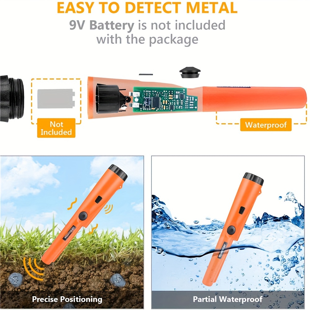 Pinpoint Metal Detector Pinpointer - Fully Waterproof with Orange Color  Include a 9V Battery 360 Search Treasure Pinpointing Finder Probe with Belt