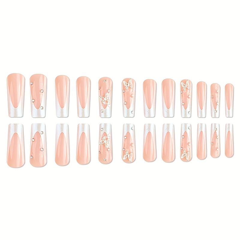 French Tip Press On Nails Long Coffin Fake Nails Glossy - Temu