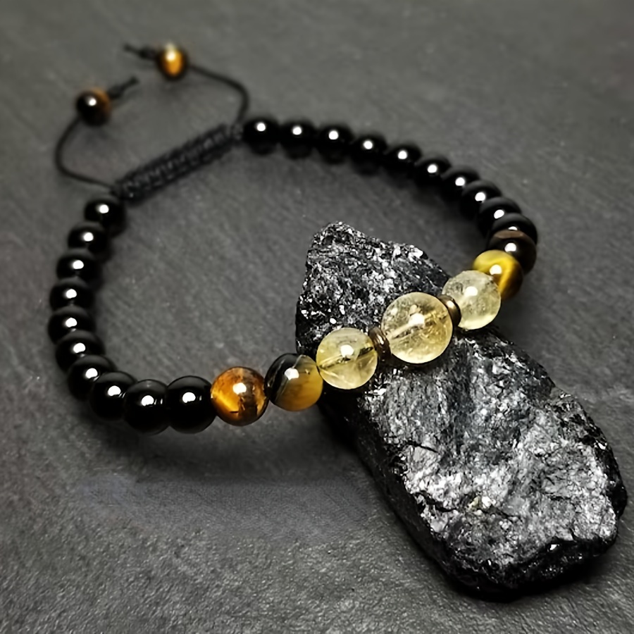 

Bracelet en tourmaline noire, oeil de tigre et citrine - Bracelet de chakra ajustable de 6 mm pour poignet, bijoux pour hommes et femmes