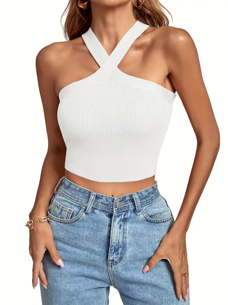 Basic Criss cross Halter Neck Crop Tops Solid Ribbed Knit - Temu