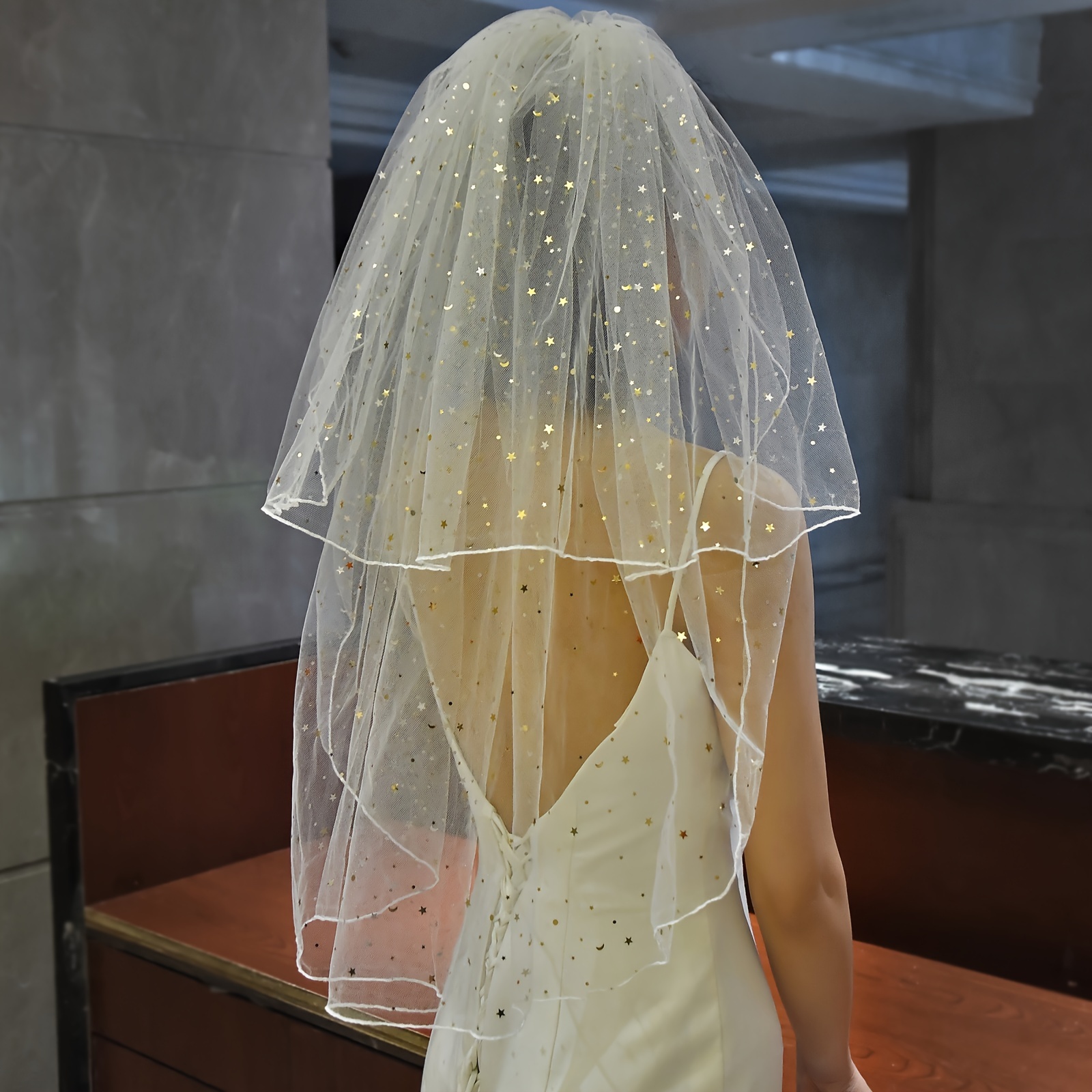 Temu Bridal Wedding Collar Certificate Registration Small Veil Mori Super Fairy Wedding Dress, Dress for Wedding Matching Short Double Layer Star Veil