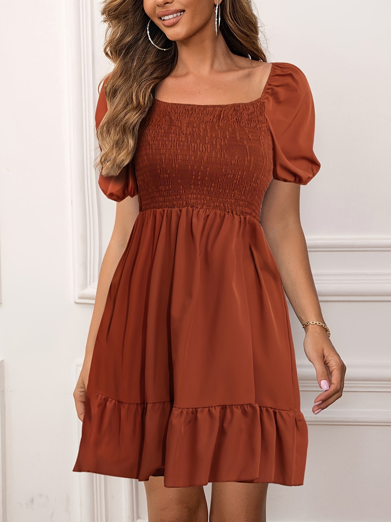 Solid Square Neck Smocked Dress For Women Ruffle Hem - Temu