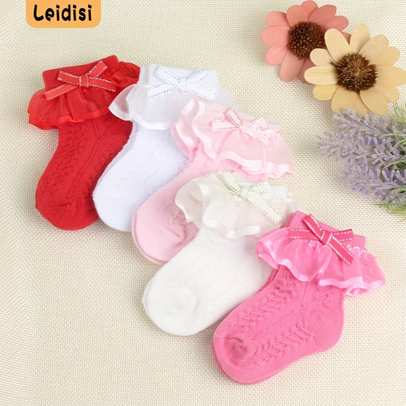 

3 Pairs Baby Girl Lace Socks, Silver Edge Bowknot Decoration, 0-6 Months Baby Socks, Children's Socks