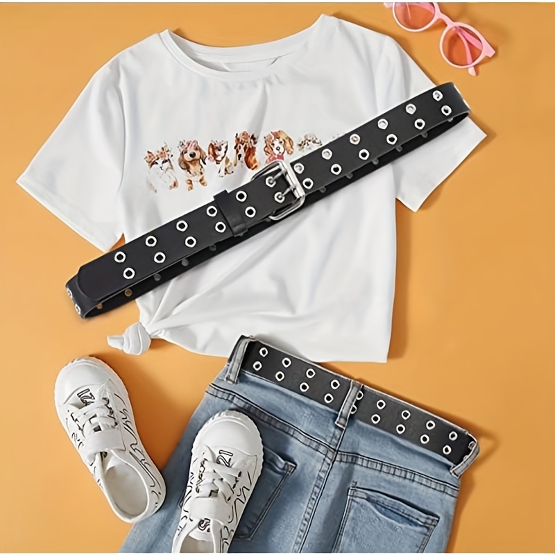 Double Grommet Belt for Girls and Boys, PU Leather Kids Double Studded Holes Belt for Jeans Pants, Trousers, Christmas Styling & Gift,Temu