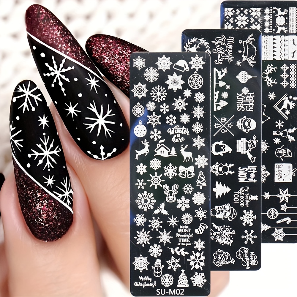 Christmas Nail Stamping Plates, 5Pcs Christmas Nail Stamper Kit Snowflakes  Xmas Tree Bell Snowman Elk Nail